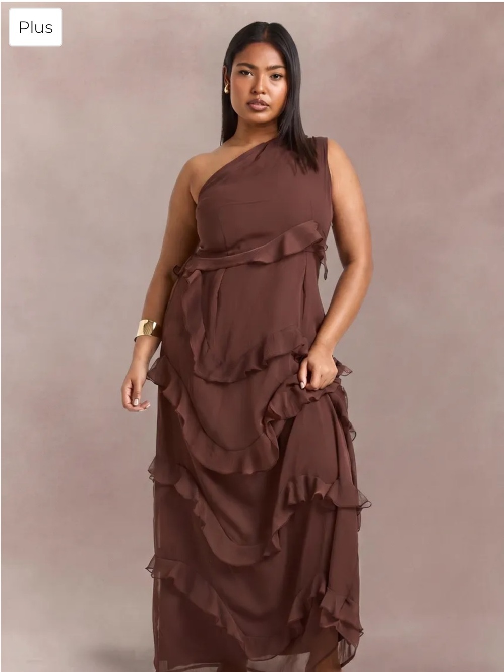 Boohoo Plus One-Shoulder Ruffle Maxi Dress in Chocolate Brown